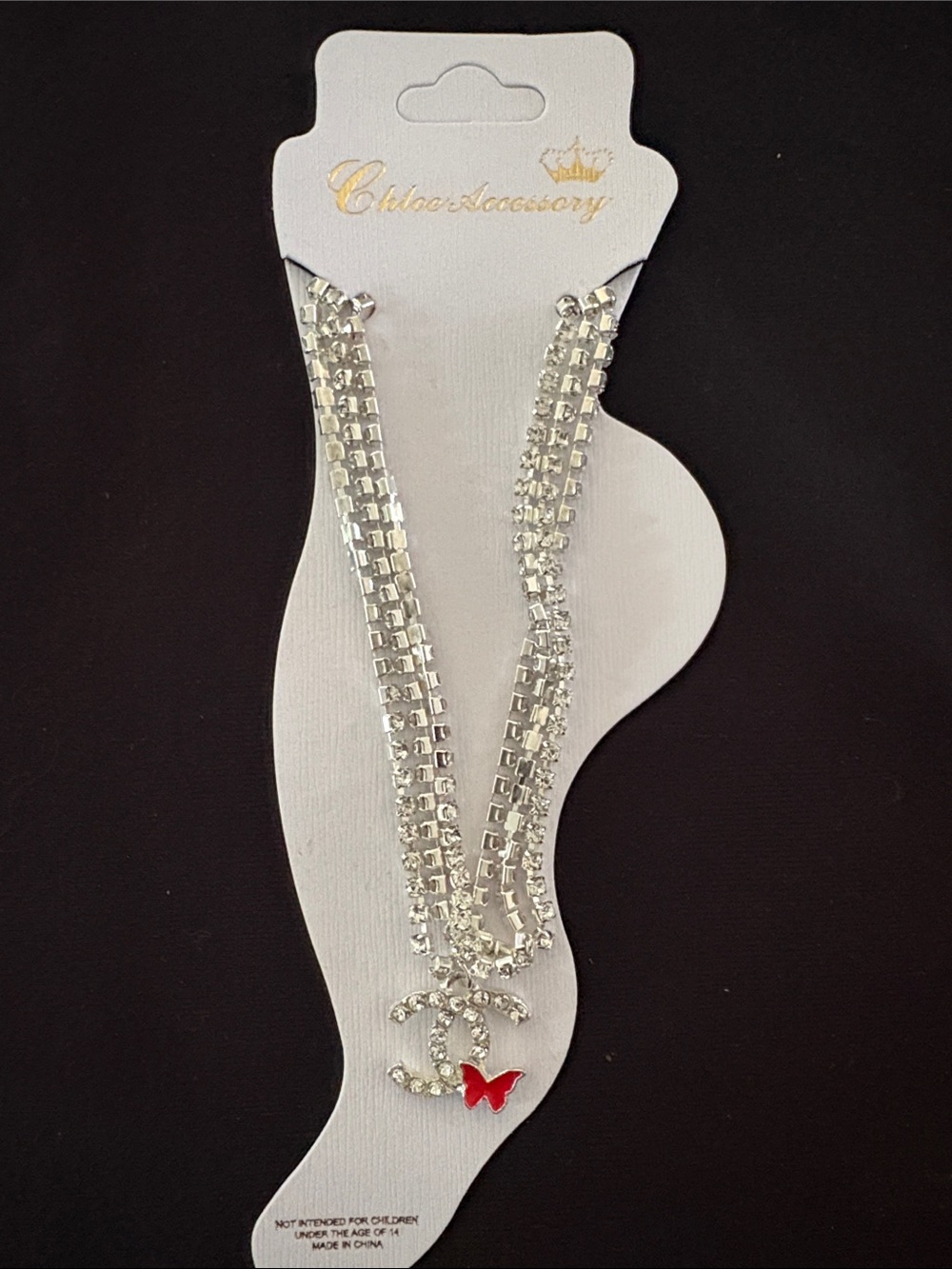 Silver-Tone Fashion Crystal Multi Layered Ankle Bracelet with Red Butterfly
